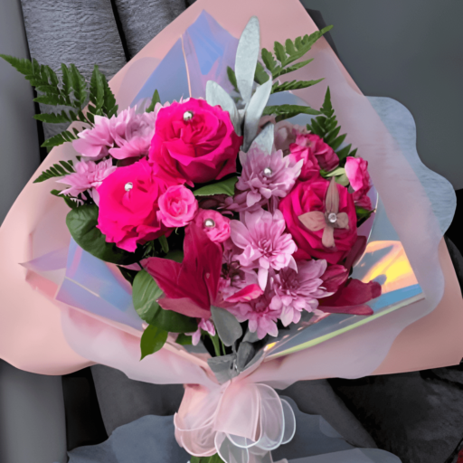 Rosa Strauß mit Rosen, Lilien, Nelken und Chrysanthemen