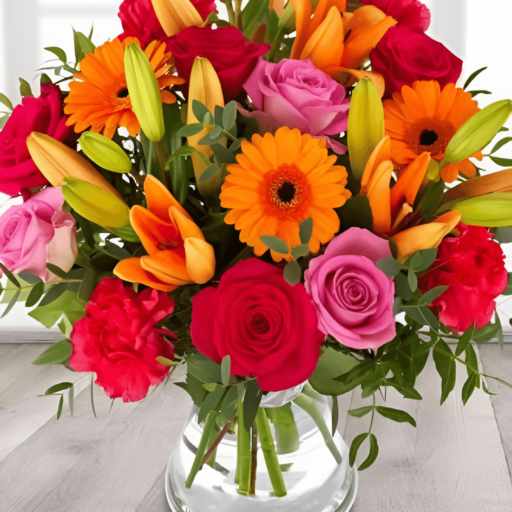 Bunter Strauß mit Rosen, Lilien, Nelken und Gerbera